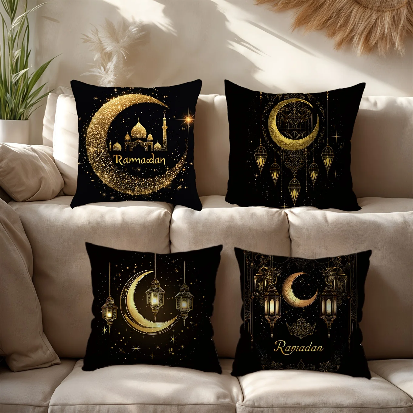 A set of 4 polyester pillowcases featuring a Ramadan theme, perfect for decorating your living room sofa all year round.