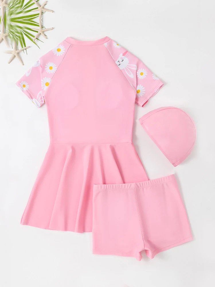Two Piece Kids Swimsuit Girls 2026 New Solid Patchwork Short Sleeve Dress Children Swimwear Summer Shorts Beachwear Bathing Suit