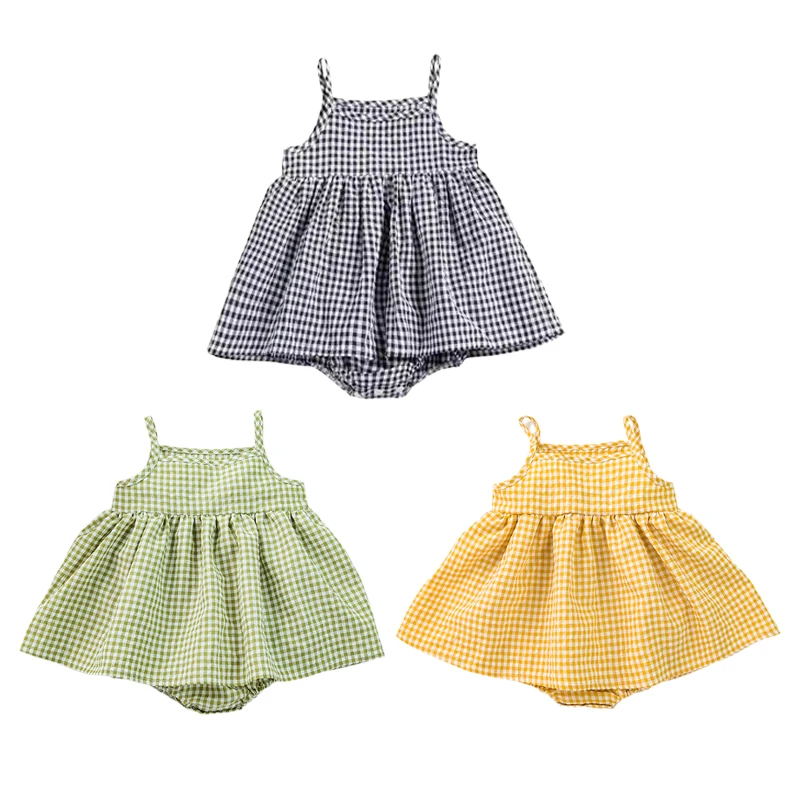 New Korean Baby Girl Sling Bag Fanny Dress Summer Thin Plaid Baby Onesie Casual Sweet Dress Children Knee-Length Skirt For 0-1Y