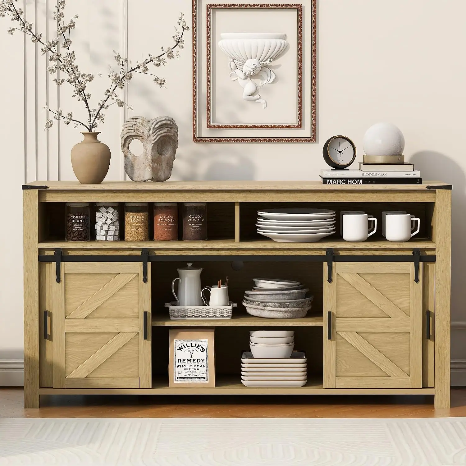 Farmhouse Buffet Cabinet Sideboard with Sliding Barn Door and Mesh Panels, 59.3'' Coffee Bar Cabinet with 2 Open Cubbies and 2 S