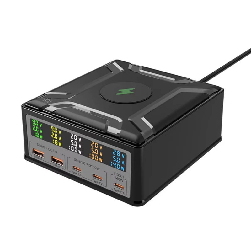High-power 260W laptop charger, multi-port fast charging, phone QC3.0PD3.1 wireless charging power adapter