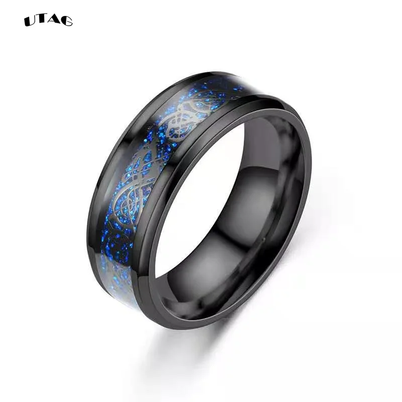 UTAG 8 Colors 8mm Men's Stainless Steel Dragon Ring Inlay Red Green Black Carbon Fiber Ring Wedding Band Jewelry Size 6-13