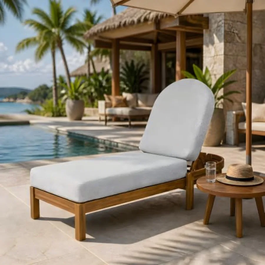 Outdoor chaise lounge chair for poolside use, made of acacia wood with teak finish and light gray cushions, featuring adjustabl