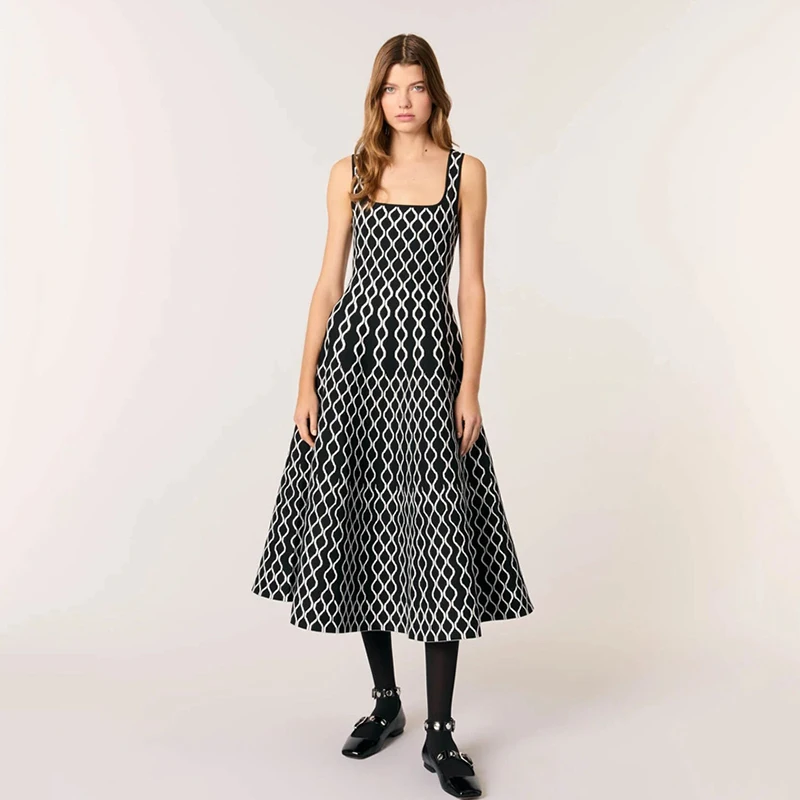 

MaSandeM Summer Floral Knitted Dr U-Ne Svel Midi Length RO04306 Ele Chic High Waist A-Line Gown for Women