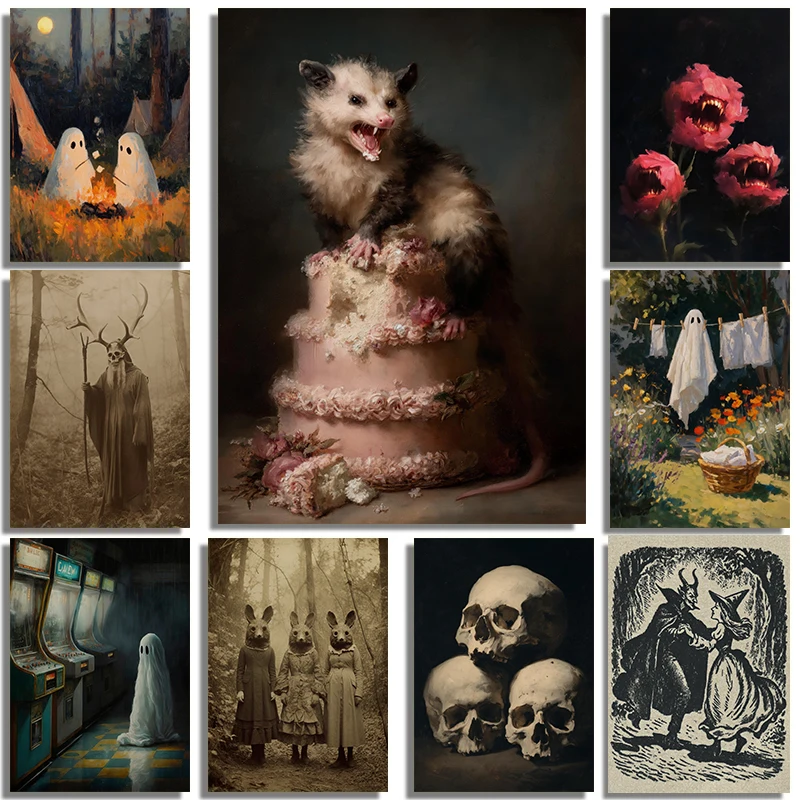 Romantic Skeleton Couple Canvas Print Dark Academia Gothic Wall Art Valentines Spooky Vintage Ghost Arcade Whimsigoth Home Decor