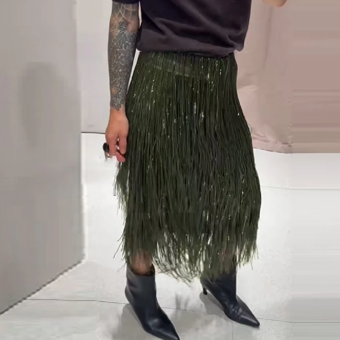 المرأة شيك شرابة الترتر غير النظامية تنورة طويلة عالية الخصر سليم صالح فستان 2025 سيدة جديدة التنقل نادي الشارع حفلة ملابس لامعة