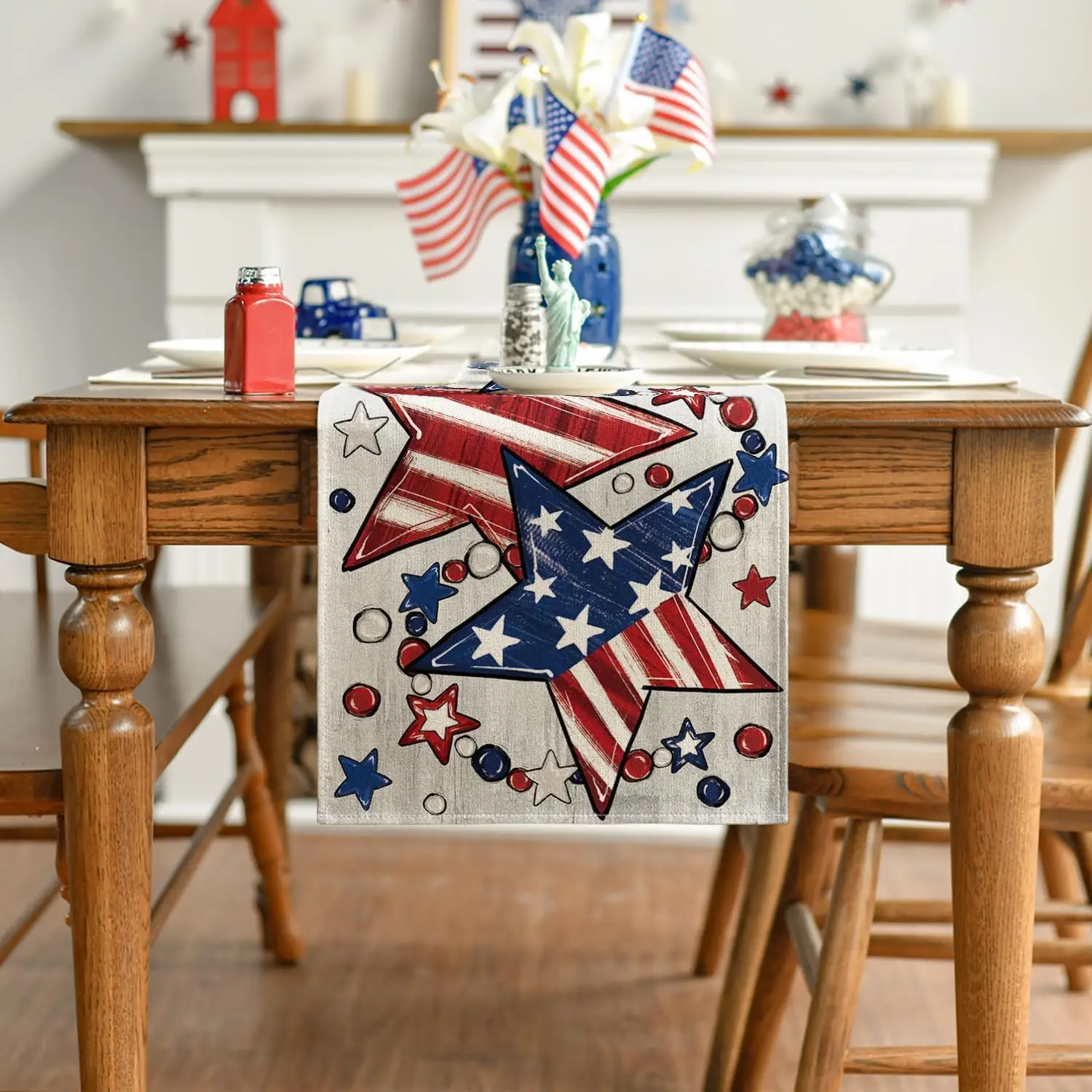 Patriotic Star Table Runner, 1-Piece, Independence Day Kitchen & Dining Table Decor, Reusable Table Runner
