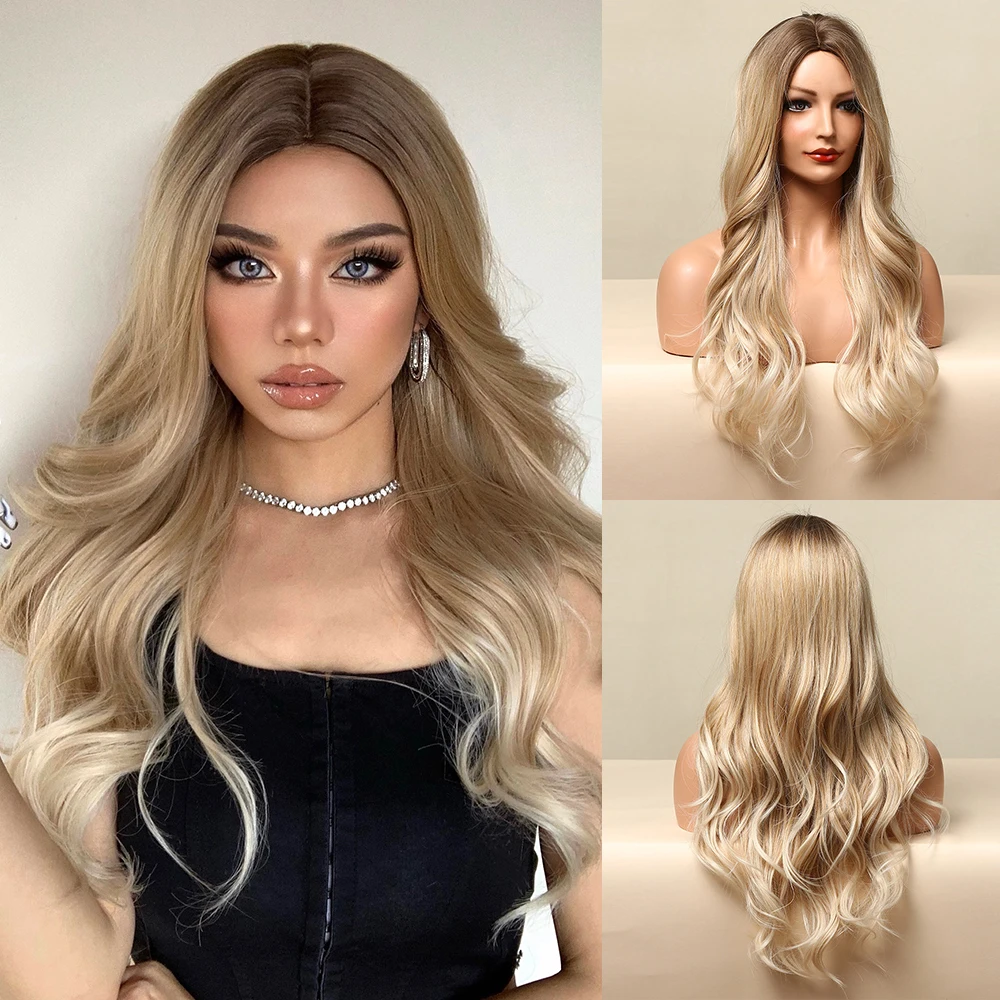 Brown Blonde Ombre Synthetic Wigs Long Curly Wavy Silky Wig Middle Part Cosplay Party Wig Natural Heat Resistant Hairs for Women