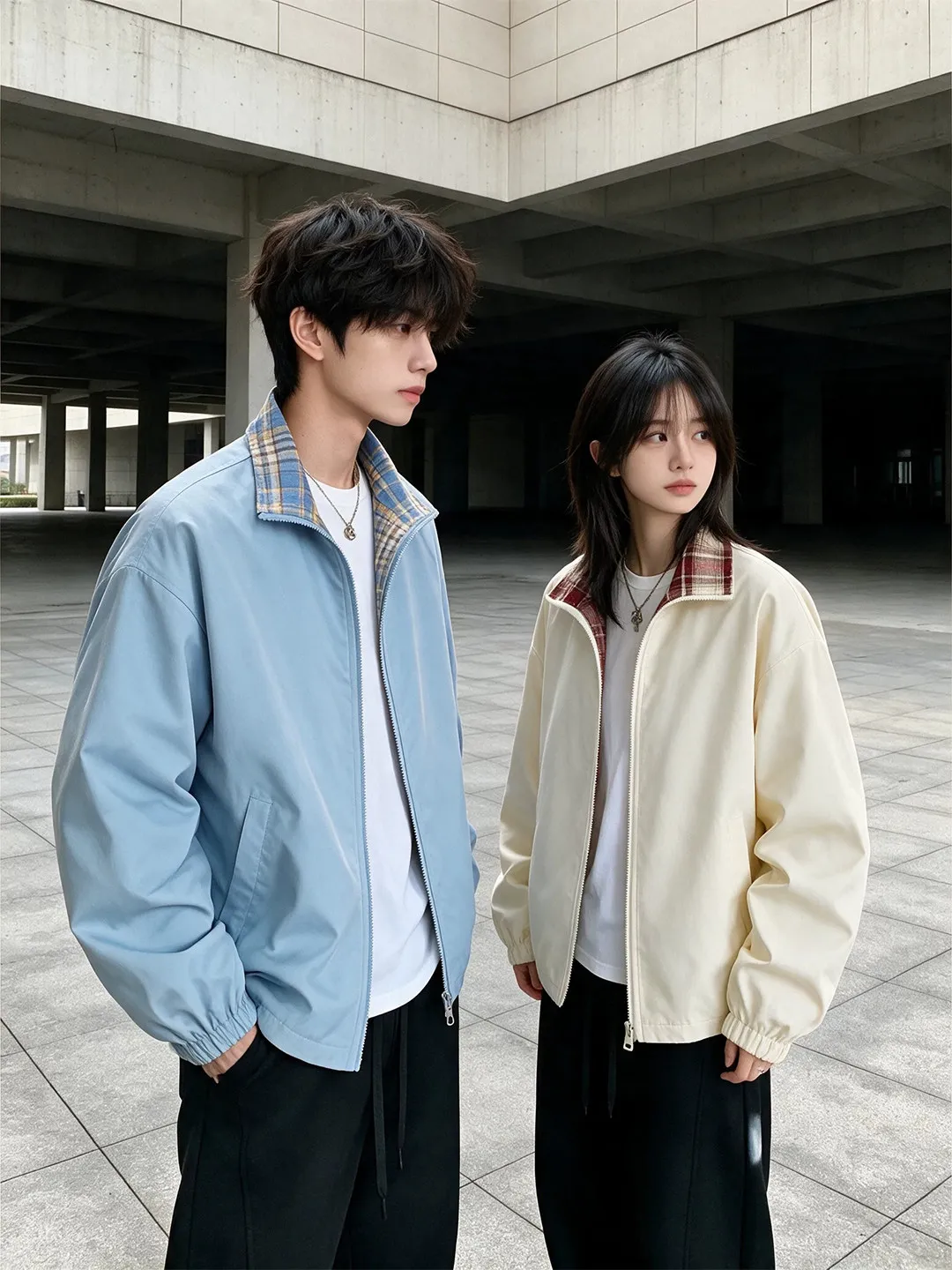 American Color Block Plaid Collar Shoulder Jacket Men's Women's Autumn Design Sense Splice Grid Coat Youthful Long Sleeve