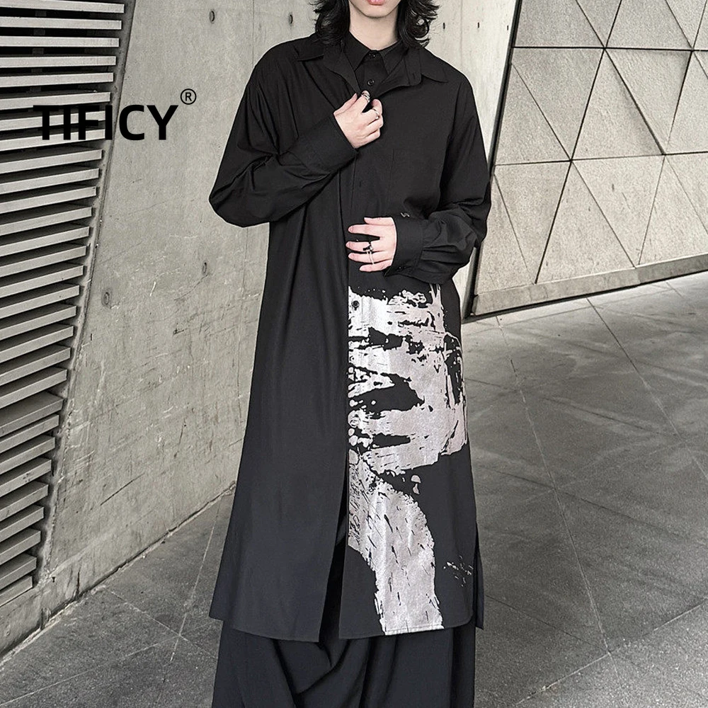 

High Street Dark Black Medium To Long Dark Style Shirt Men's Unisex Women's Ink Printed Breathable Streetwear Casual Shirt