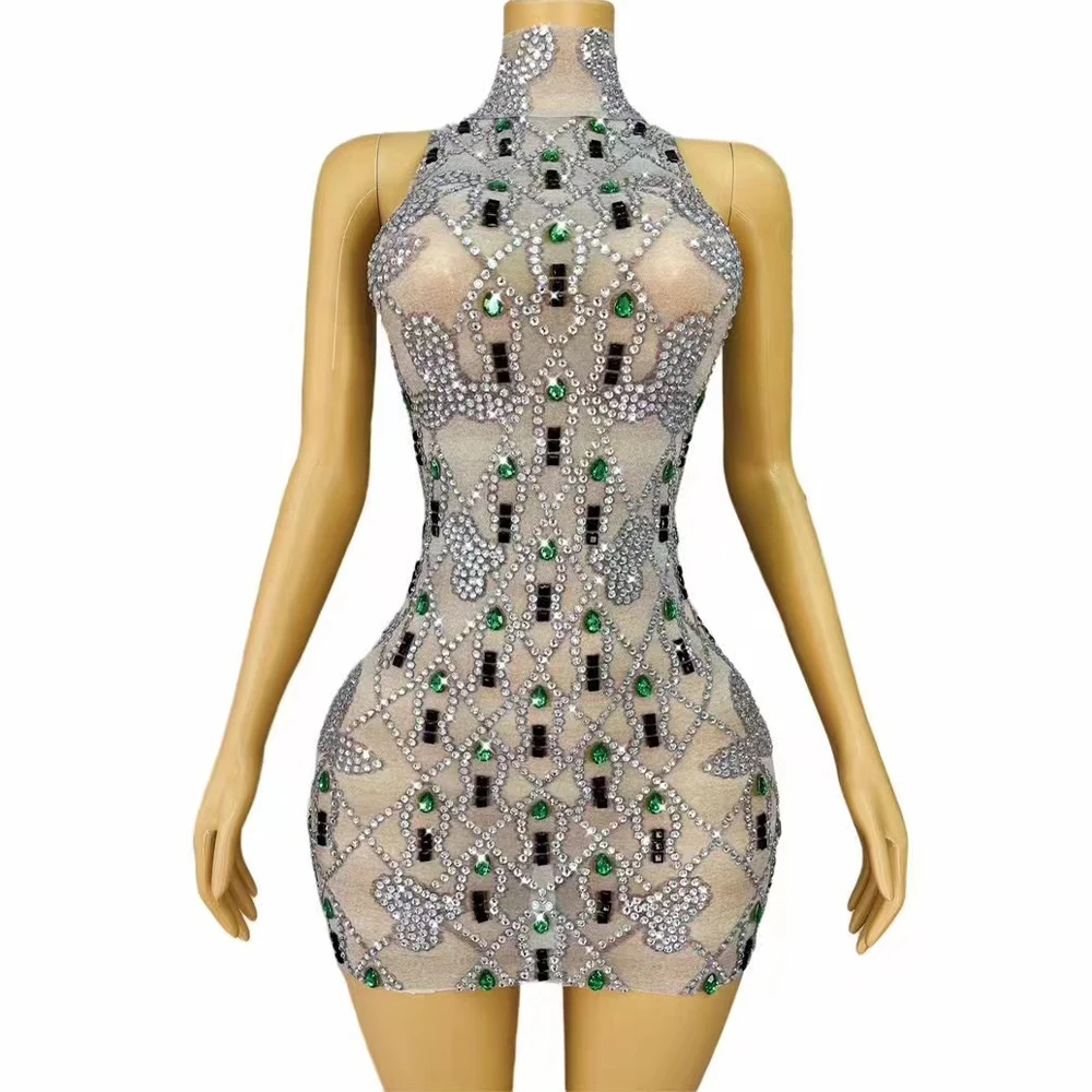 

Sexy Stage Gray Mesh Shining Rhinestones Short Dress Women Birthday Evening Cocktail Party Red-carpet Gown Stretchy Costume