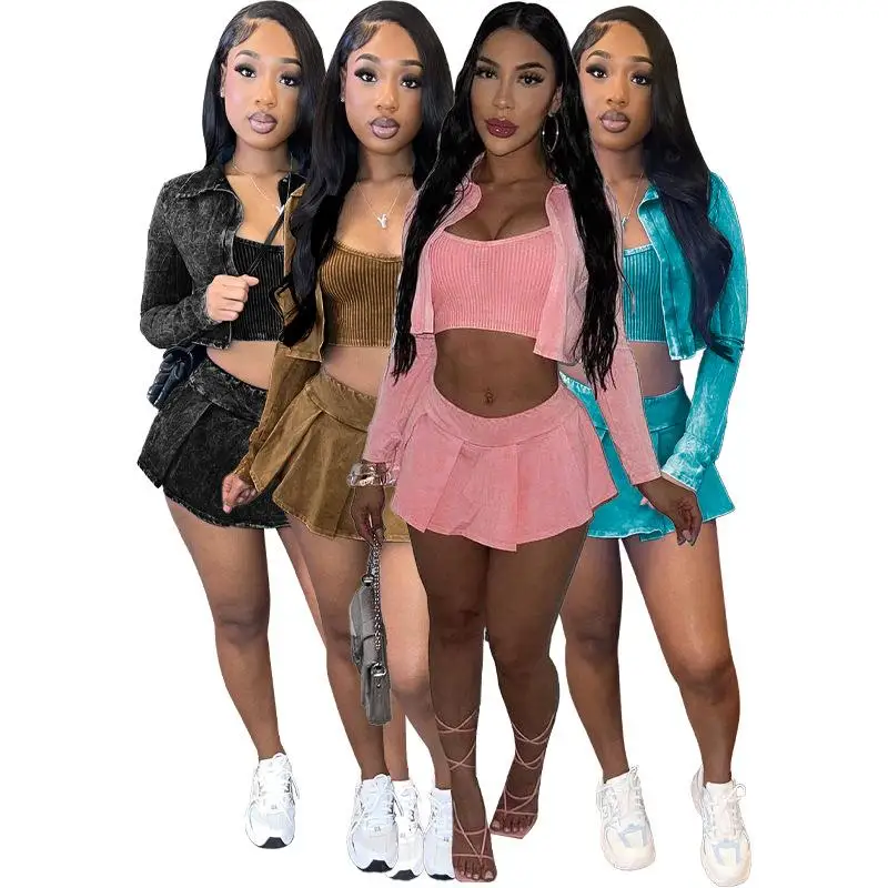 

Женский комплект: юбка с эффектом жатки и топ с длинным рукавом, модный летний наряд для взрослых