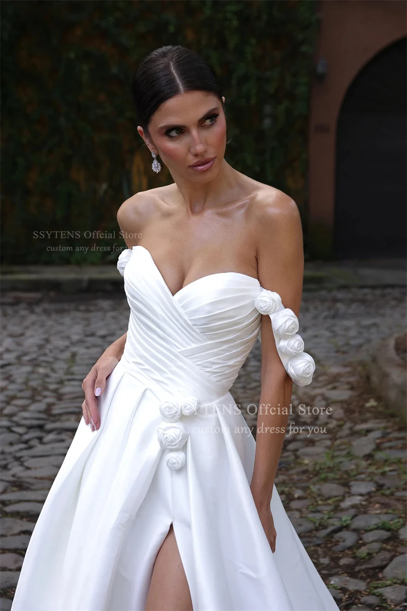 SSYTENS New Satin Wedding Dress for Woman Flowers Vestido De Noiva Robe De Soiree Bride Simple Off-shoulder Vestidos De Fiesta