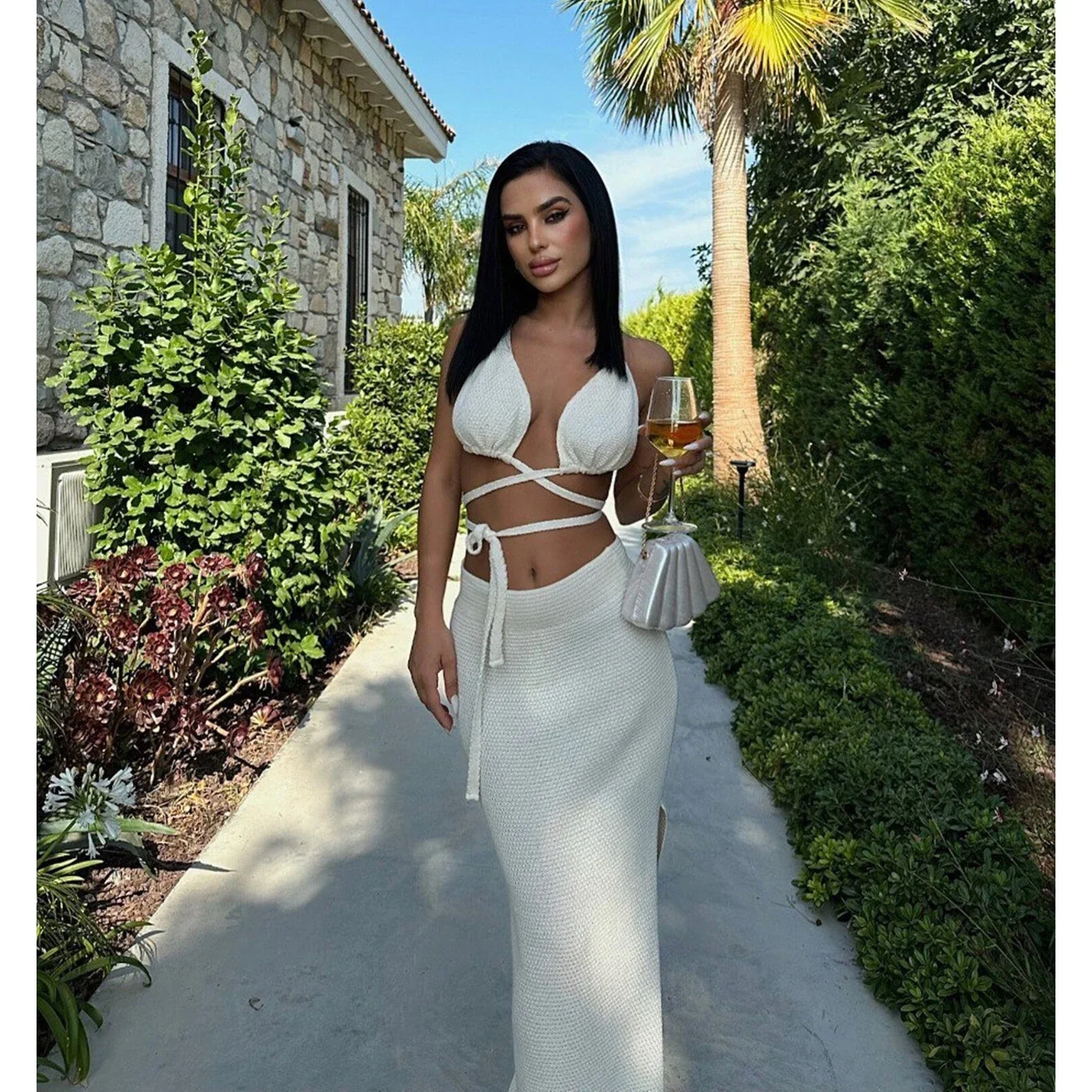 Damski zestaw: dziergana spódniczka i top na plażę, seksowny mini top z rozcięciem i długa spódnica, letnia ażurowa odzież plażowa, sukienka na imprezę, 2025