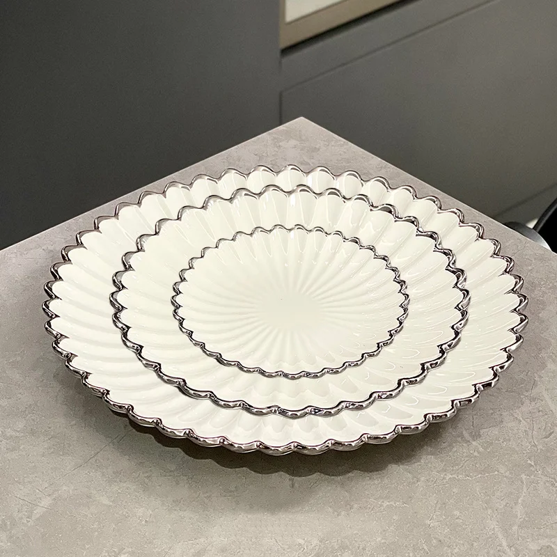 Light Luxury High-end Ceramic Dish 6/8/10in Plating Silver Flower Edge Round Restaurant Plate Square Afternoon Tea Dessert Plate