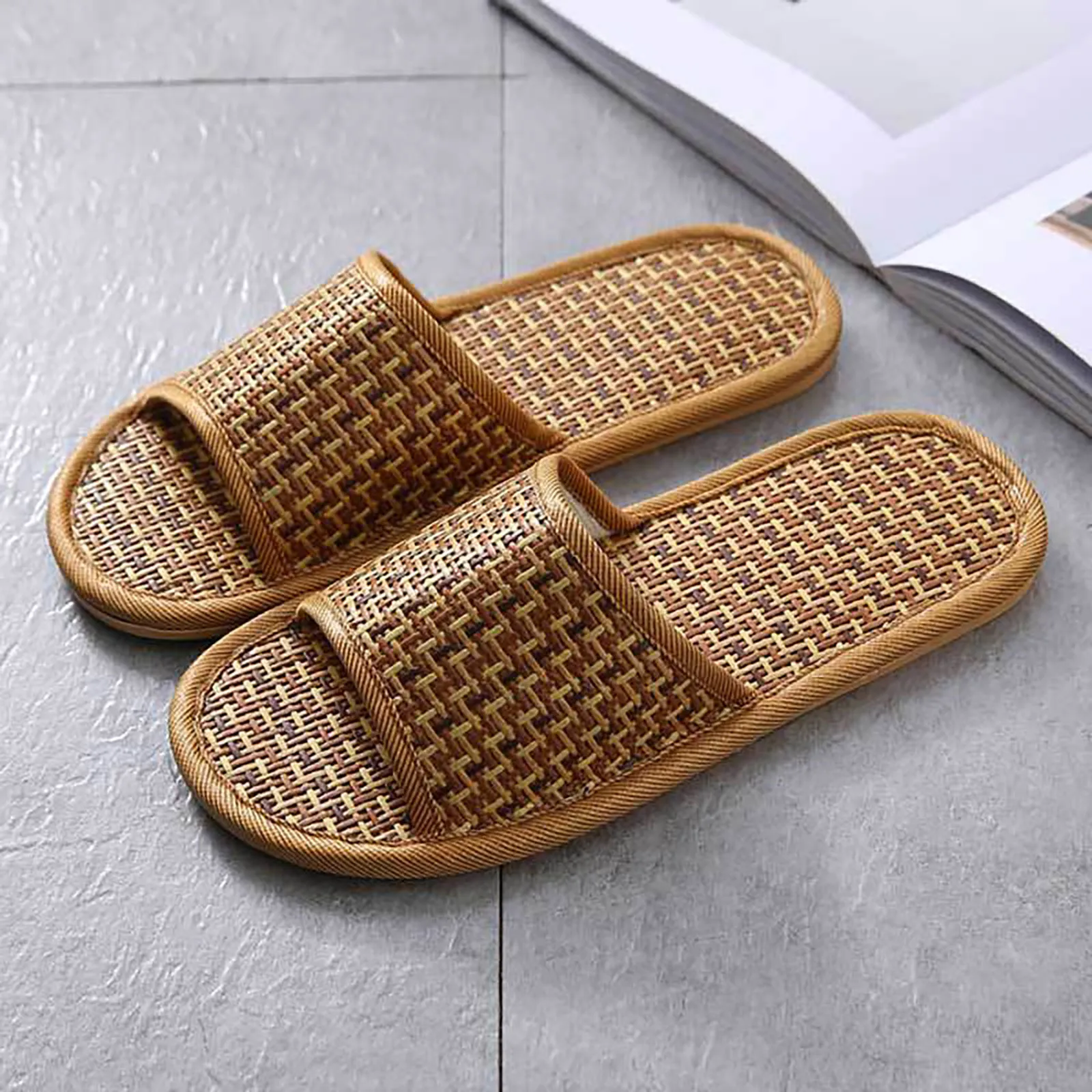 Rattan Linen Home Slippers for Women Men Summer Wisteria Woven Cooling Floor Indoor Slides Unisex Bedroom Shoes Mujer Zapatilla