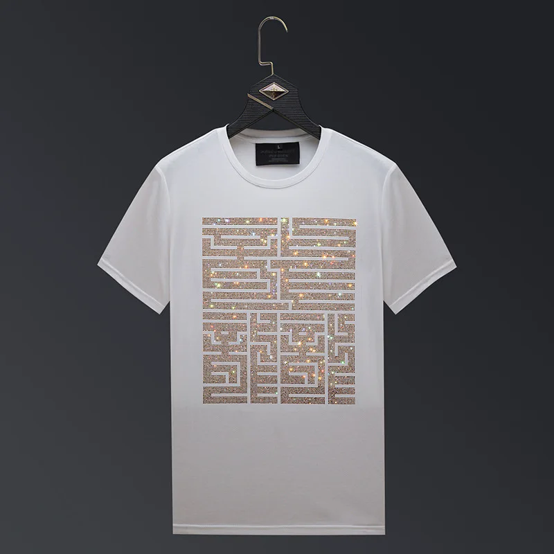 Camisetas manga corta para informales de hombre, ropa de verano, personajes chinos, diamantes de imitación, ropa de calle de moda, cuello redondo,