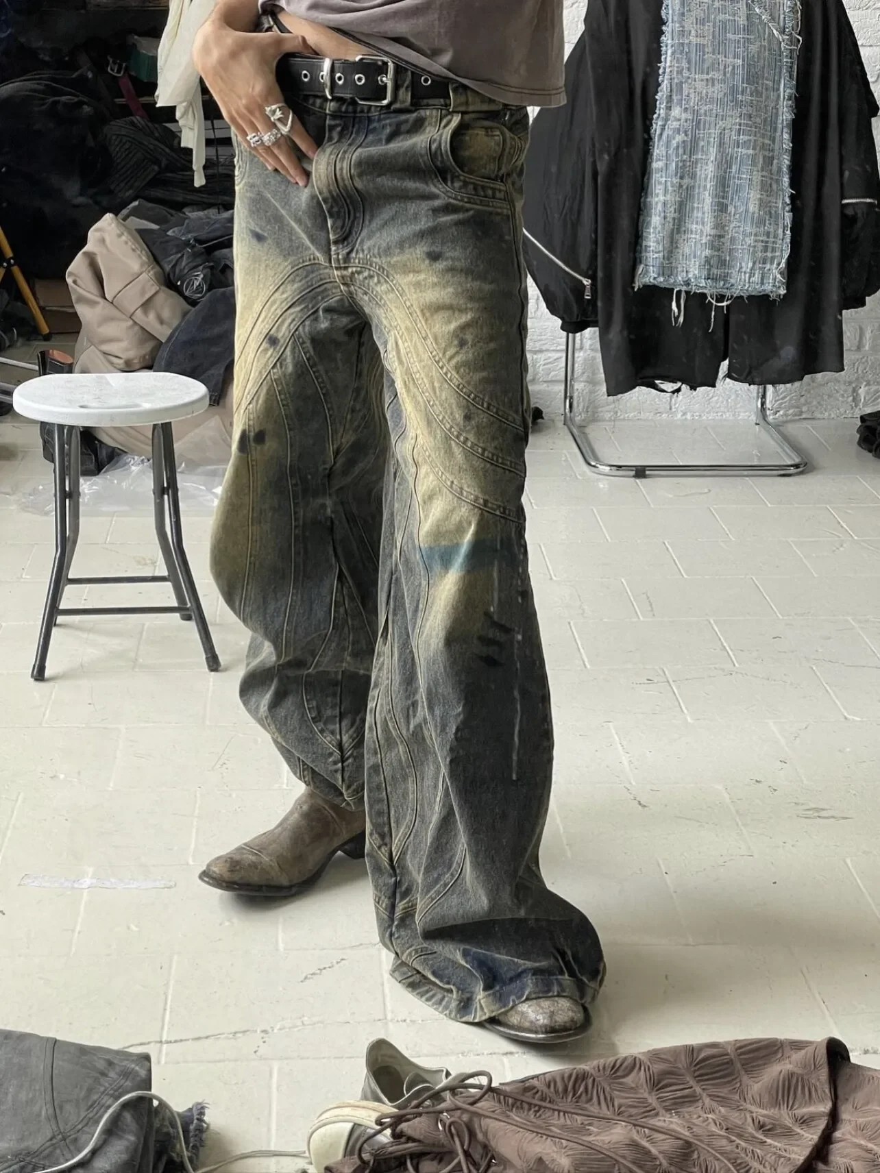 No/faith heavy craft washed old faded jeans micro-horn loose straight wave jeans