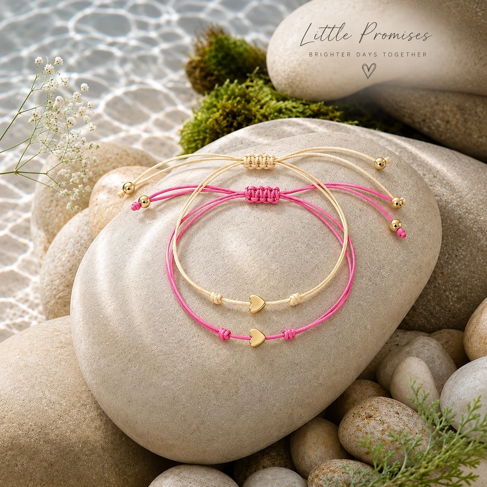 2pcs Cute Romantic Matching Pinky Promise Cord Bracelets Pink and Cream Heart Charm Adjustable Sliding Knot for Couples