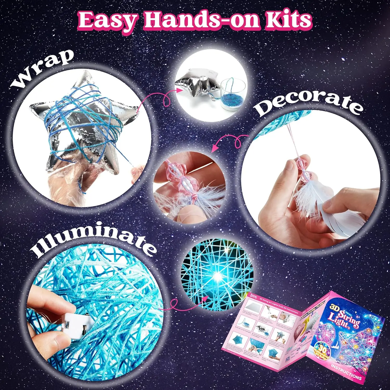 JOYFY 3D String Art Kit Light Up String Light Toy with 30 Multi-Colored LED Bulbs Arts Craft Set for Kid Birthday Chirstmas Gift