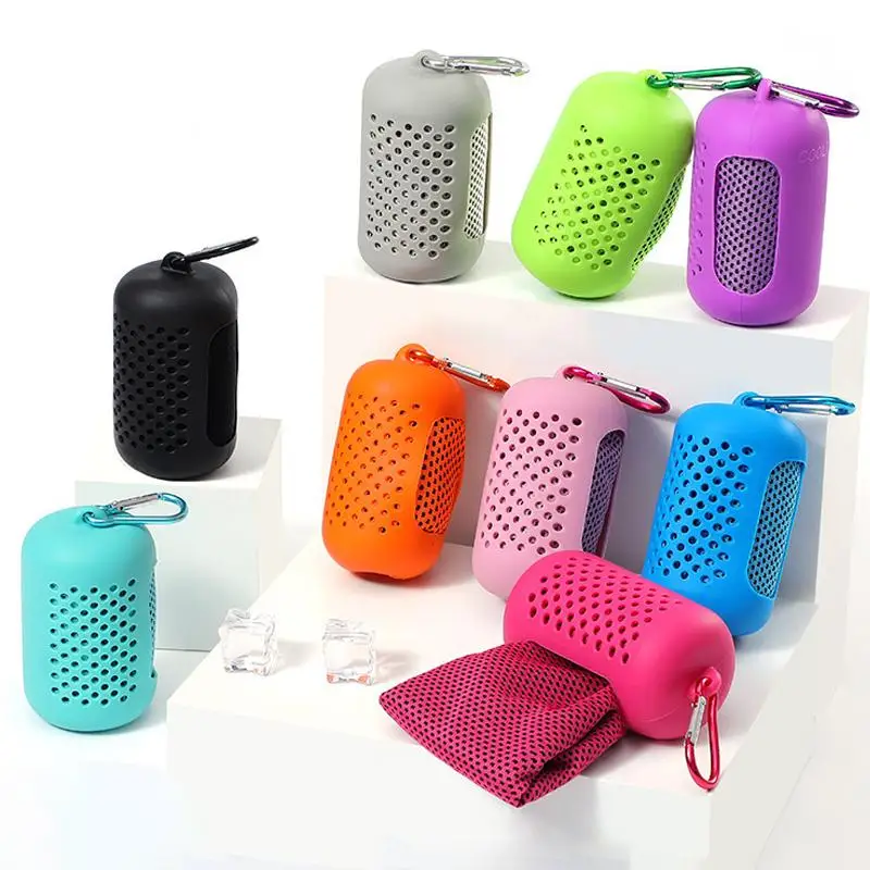 Breathable Cooling Towel Quick Dry Ice Feel Fabric With Silicone Storage Case For Gym Hiking Camping Outdoor Sports