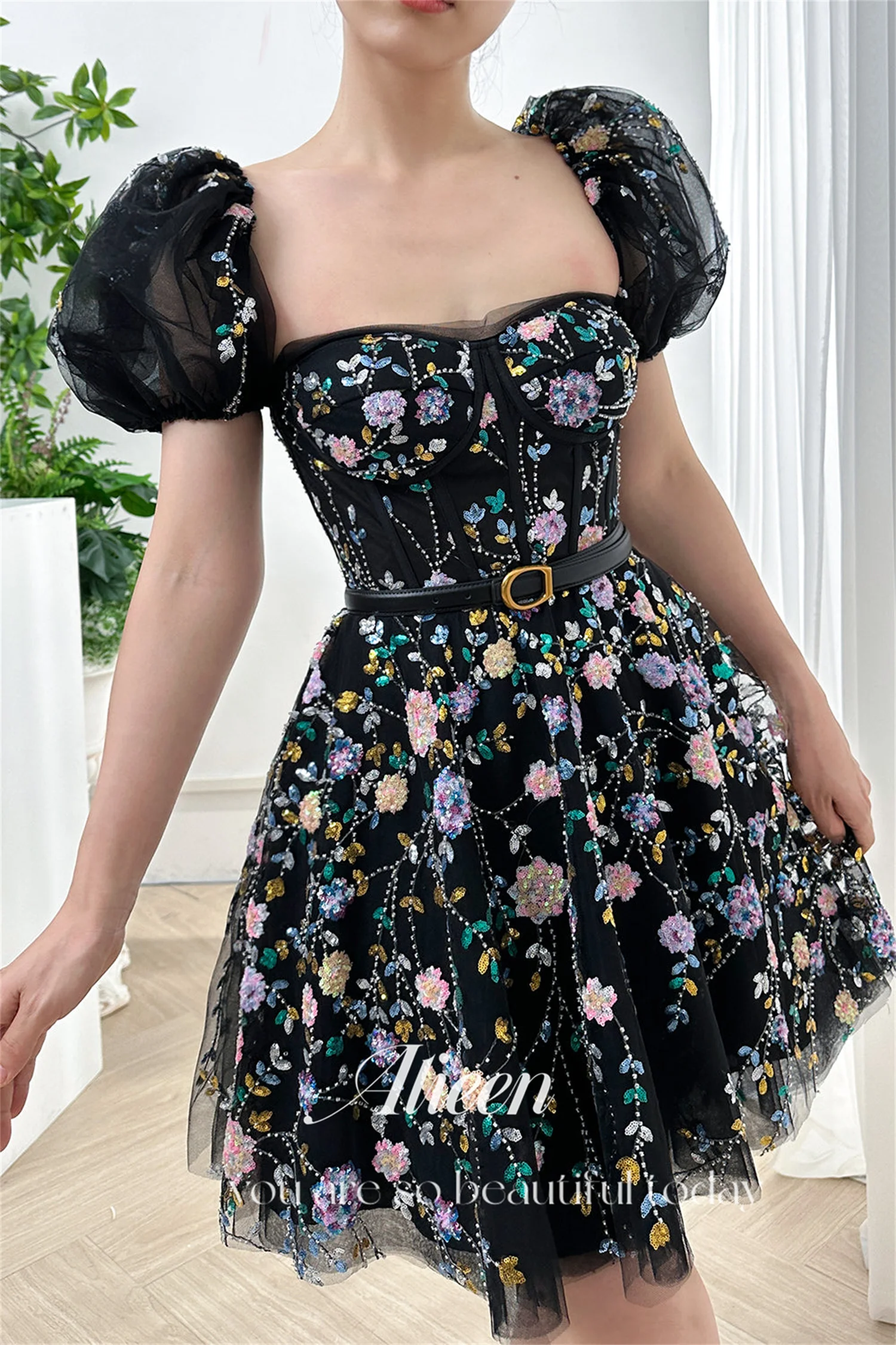 Aileen Black Cocktail Dress Sweetheart Sequins Young Girls Dresses Elegant Luxury Jancember Evening Gown Wedding Prom Party Gala