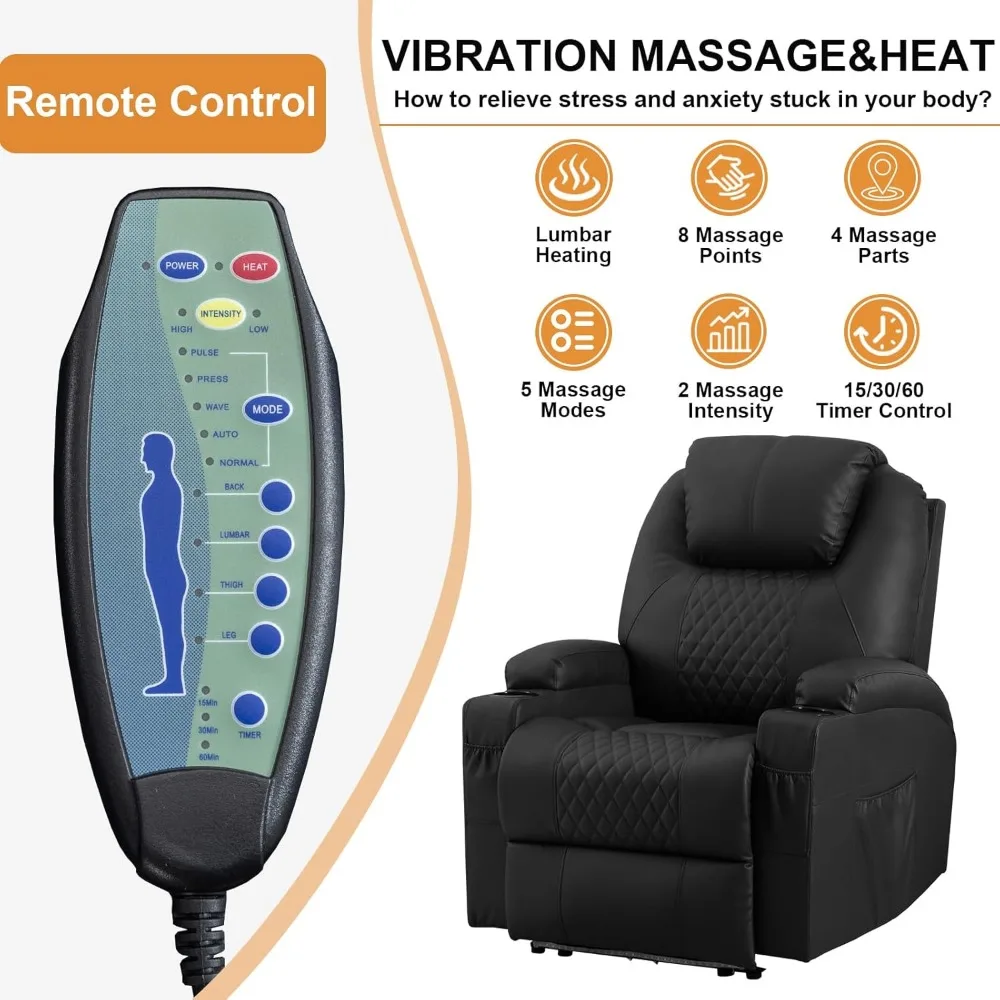 كرسي كرسي كهربائي مع تدليك اهتزاز وحرارة للبالغين، جلوس مسرح منزلي من الجلد الصناعي مع حاملات أكواب/أضواء LED #4