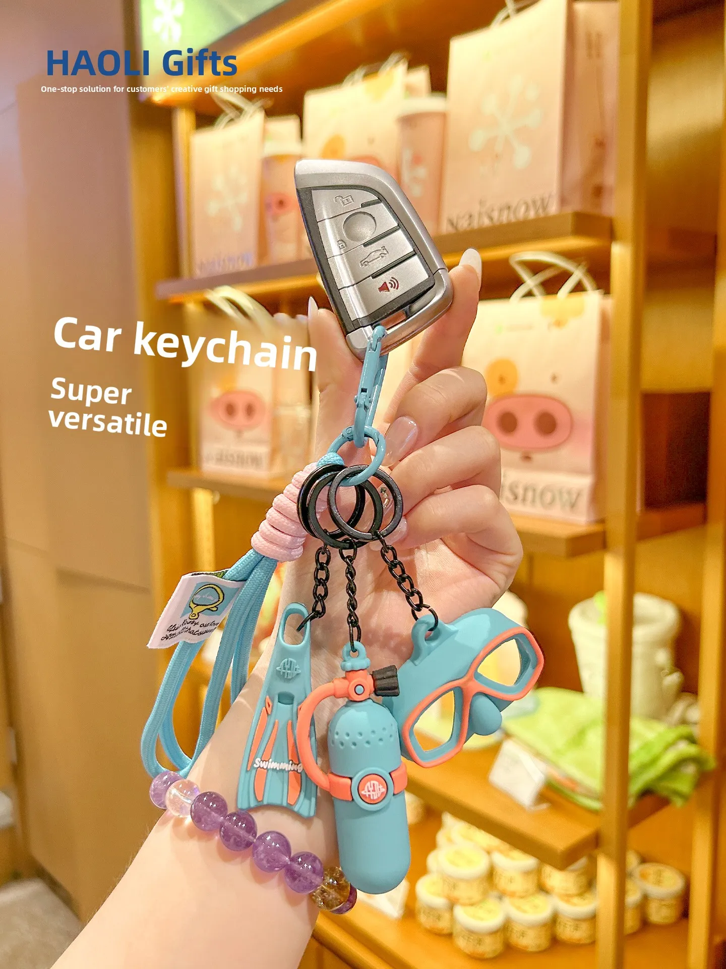 Creative Swimming Diving Snorkel Keychain Oxygen Tank Couple Bag Pendant Gift Cartoon Series Square Shape Plastic Material