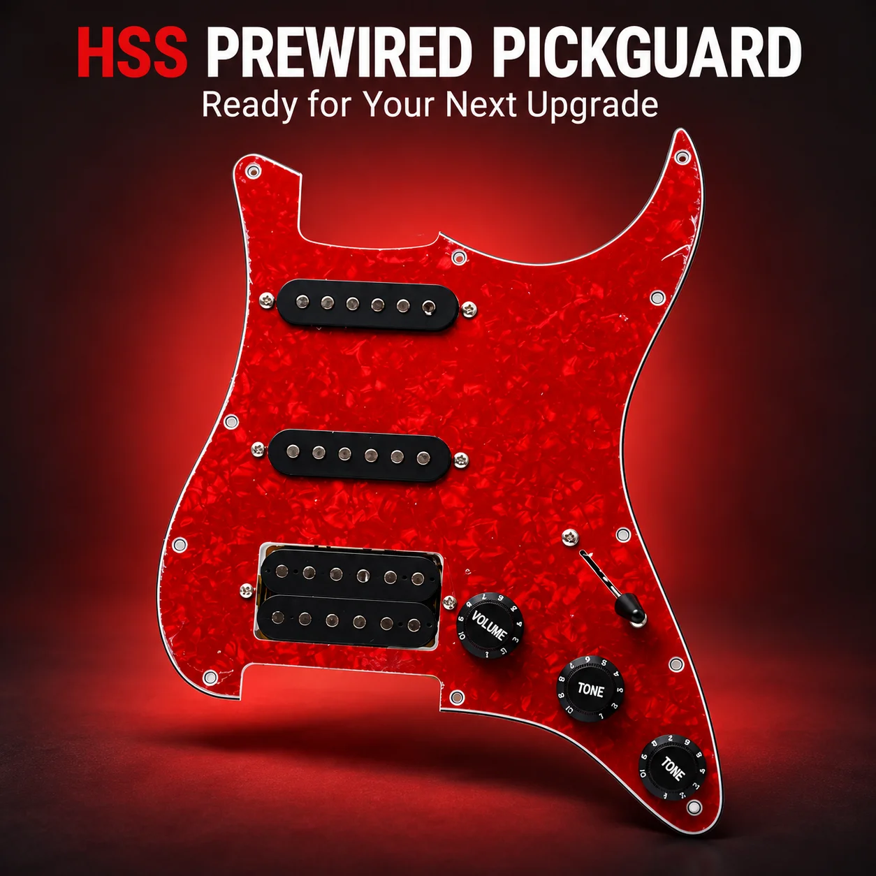 Red Pearl HSS Prewired Pickguard for ST/SQ Style Electric Guitar, 2 Single-Coil Pickups, Humbucker, 5-Way Switch