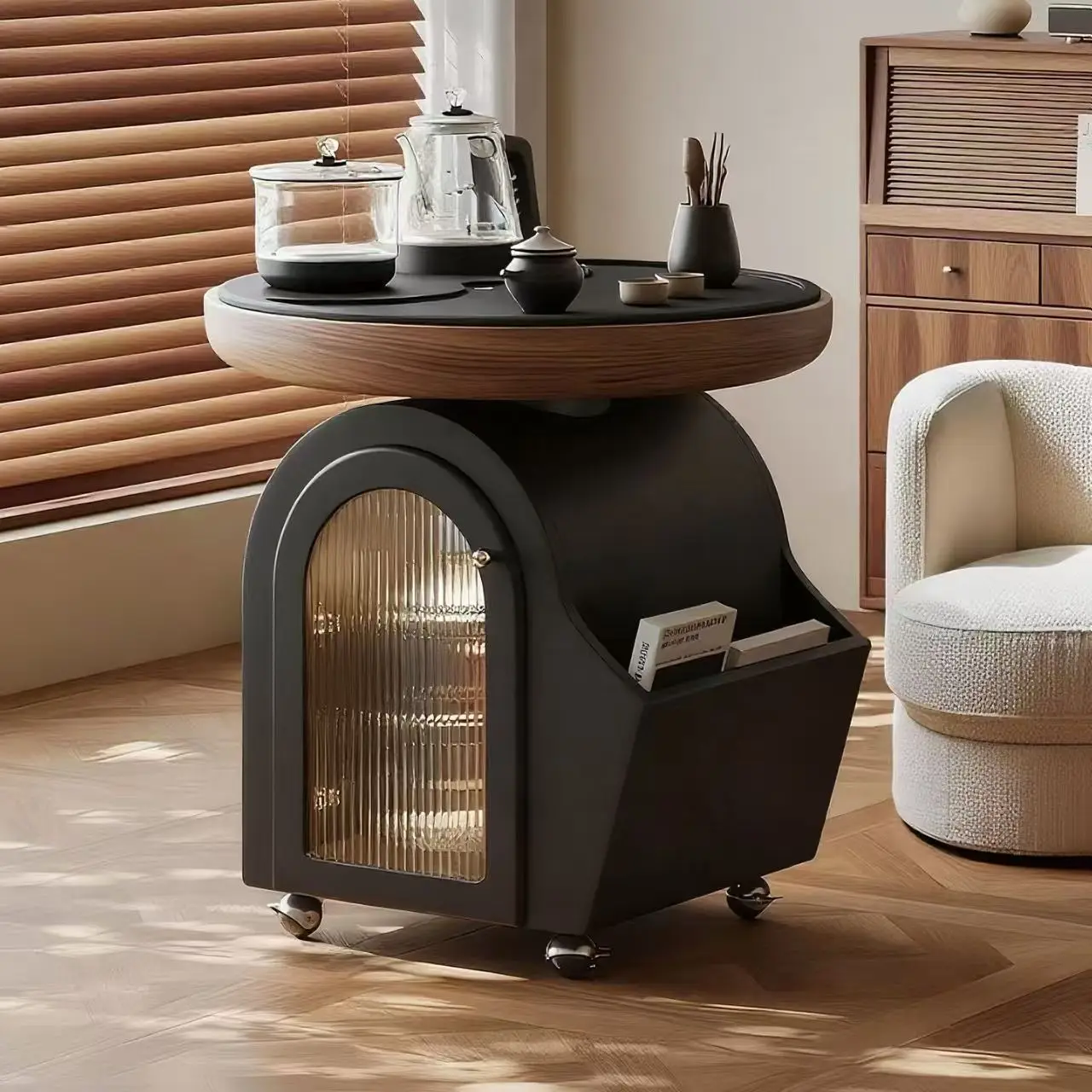 & 2025 New Solid Wood Mobile Tea Table, All-in-one Tea Set with Integrated Electric Kettle, Luxury Small Tea Station for Balcony