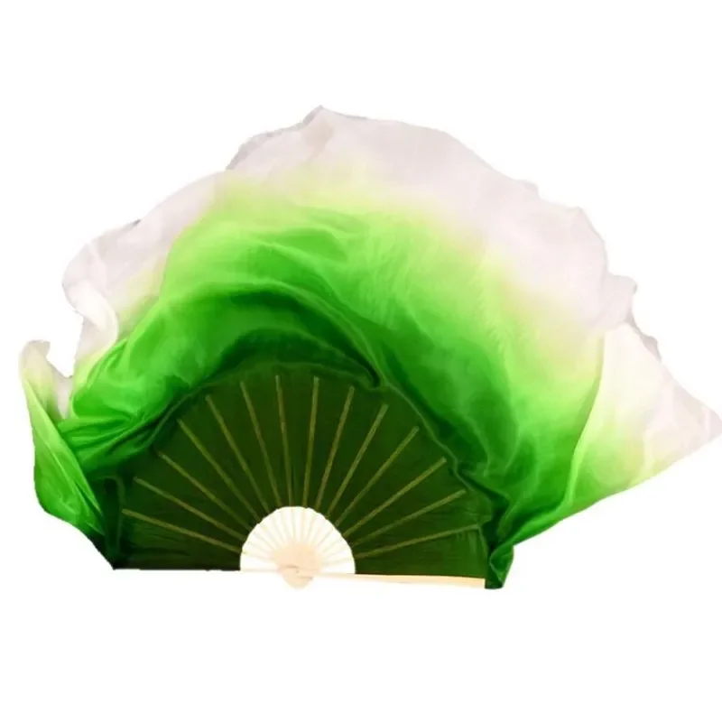 1 Pair Two Layers Double Veil 100% Real Silk Bamboo Folding Fan Bellydance Performance Show Props Half Circle Silk Veils Green