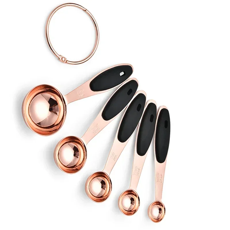 5pcs Rose Gold Measuring Spoons Set Measuring Cups Stainless Steel Kitchen Accessories Baking Tea Coffee Spoon Cooking Tools Set