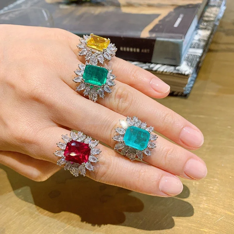 

925 Sterling Silver Adjustable Ring Blue Paraiba Temperament Wedding Ring Women Gift for Wife Jewelry High Quality Clear Crystal