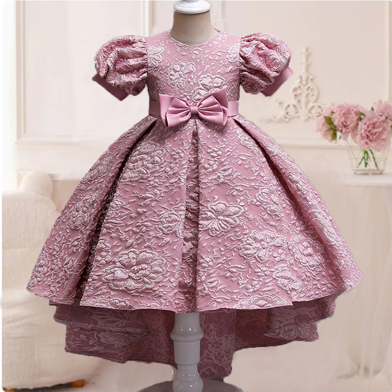 3-10 Years Little Big Girls Puff Sleeves Embroidered Wedding Flower Girl Birthday Party Pageant Formal High-Low Dress