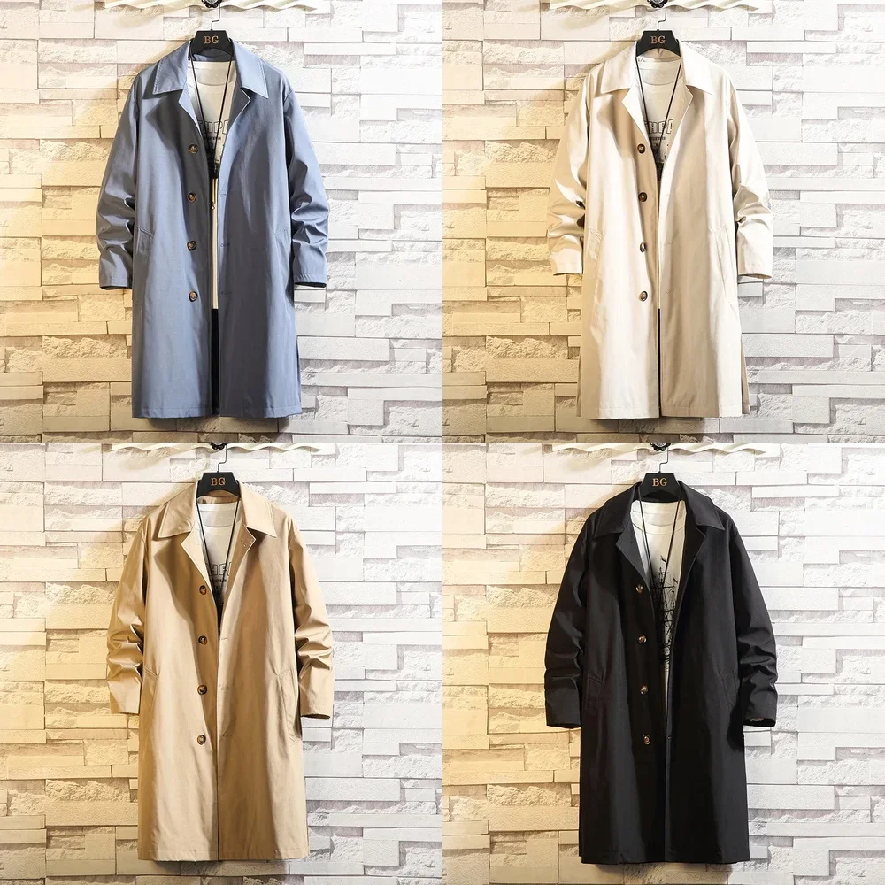 

2025 Spring Men Trench Coat Solid Color Oversize Long Windbreaker Korean Style Outerwear for Teen 5XL