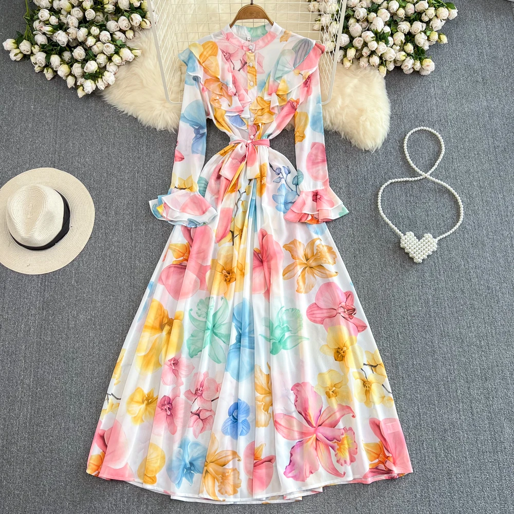 

2023 Spring Summer Flare Sleeve Dresses Women Stand Collar Ruffles Flare Sleeve Holiday Beach Boho Lace Up Maxi Robes Designer