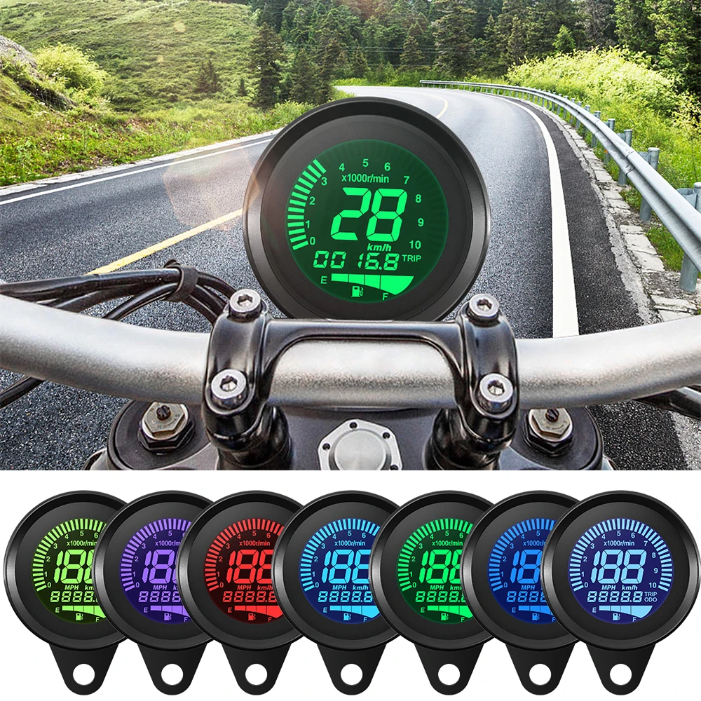 0-10000R/min Motorcycle Instrument Digital Speedometer Scooter ATV Meter Retro LCD Odometer 7 Color LED Universal Fuel Meter 12V