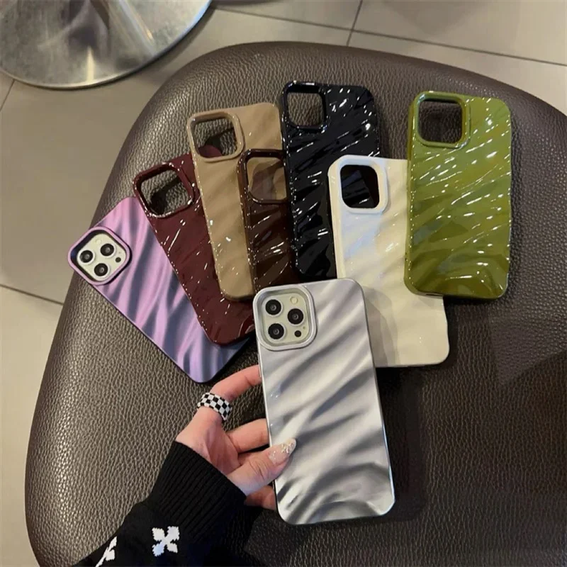 Luxury 3D Silk Wavy Pattern Phone Case For iPhone 15 14 13 12 11 Pro Max X XR XS Max 14 Plus Solid Color Glossy Cover Bumper