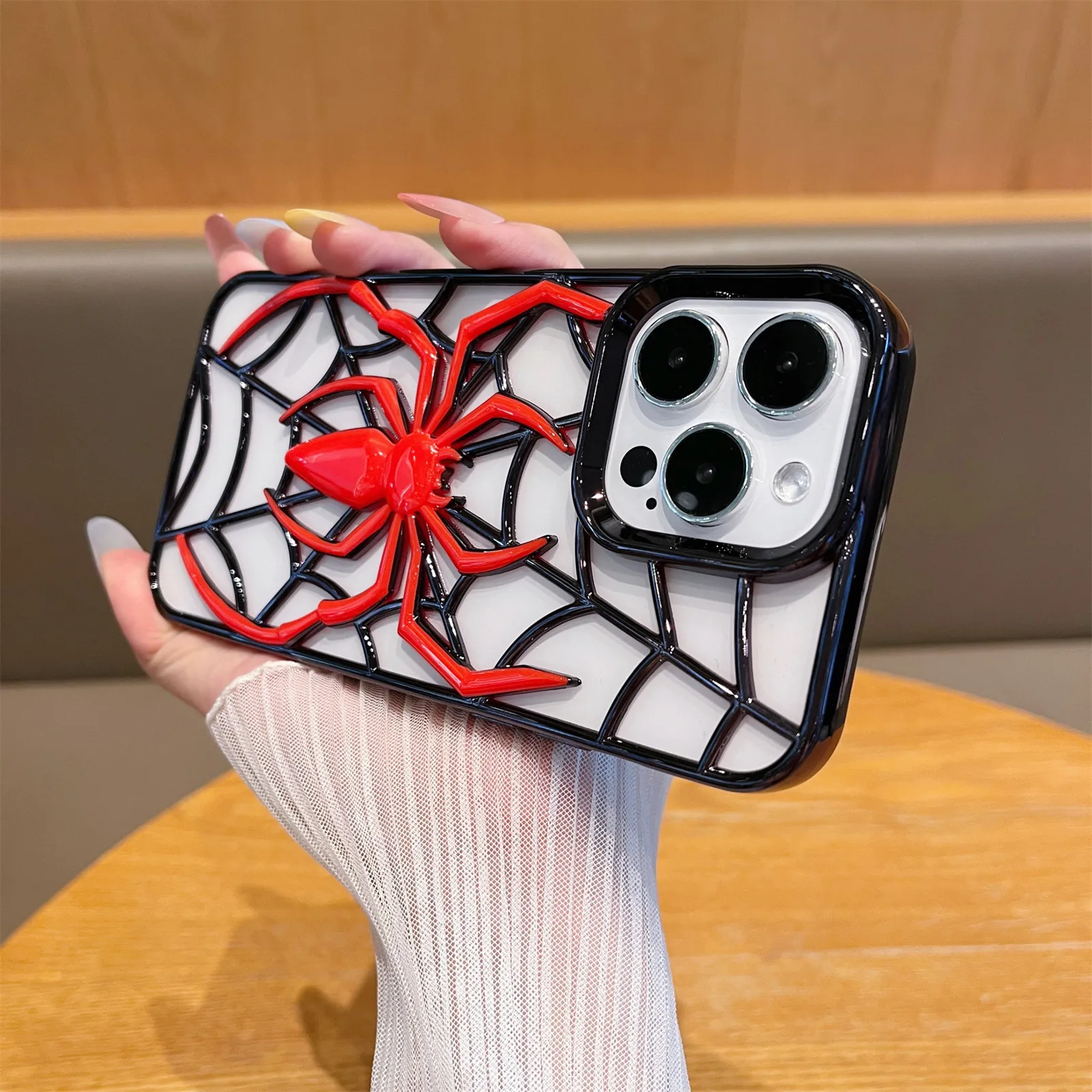 Lustige 3D-Hohlspinne, galvanisierte TPU-Wärmeableitungs-Telefonhülle für iPhone 11, 12, 13, 14, 15, 16 Pro Max, weiche Schutzhülle