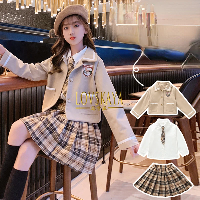 Long Sleeved Shirt Pleated Skirt 3Pcs School Uniform Sets Children College Style Coats