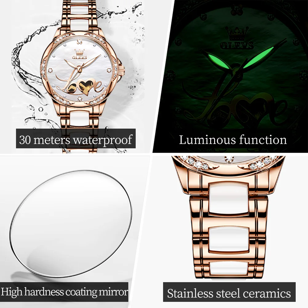 OLEVS 6613 Woman Watch Fashion Hollowed Love Heart Design Flower Diamond Bezel Waterproof Luminous Automatic Mechanical Watches