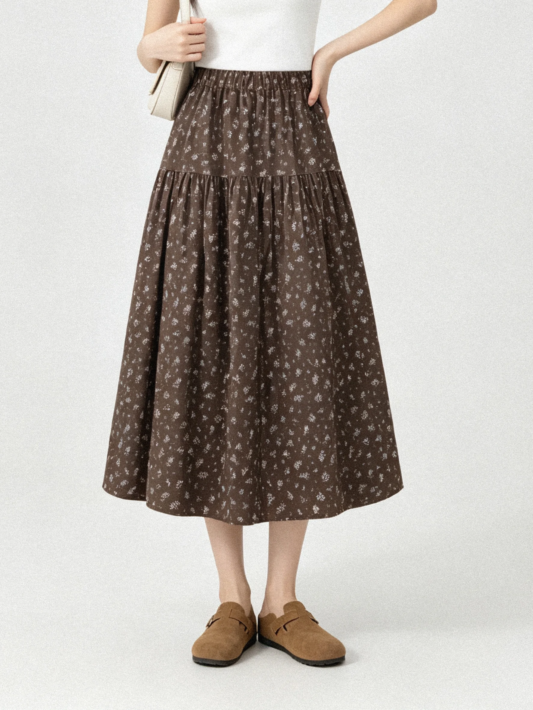 Floral Print A-Line Midi Skirt Slimming High Waist Casual Style Breathable Comfortable Fabric Autumn Fashionable Korean Design