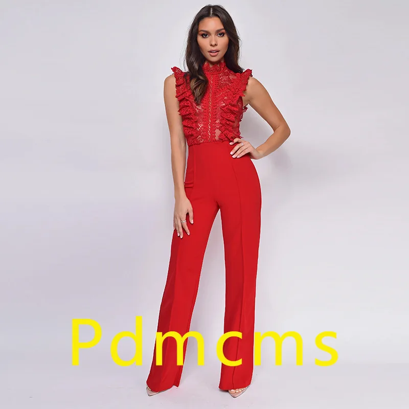 

2025 new European and American women's clothing turtleneck fashion straight women's jumpsuit lace crochet sleeveless jumpsuit
