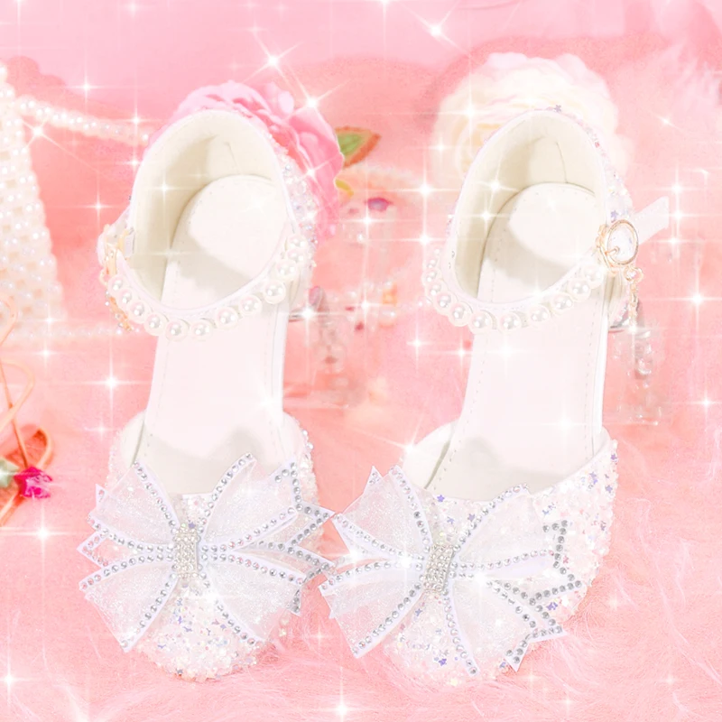 

Детские женские туфли на высоком каблуке с кристаллами, подиумные туфли принцессы для маленьких девочек белого цвета с платьем, туфли для ведущего шоу для девочек