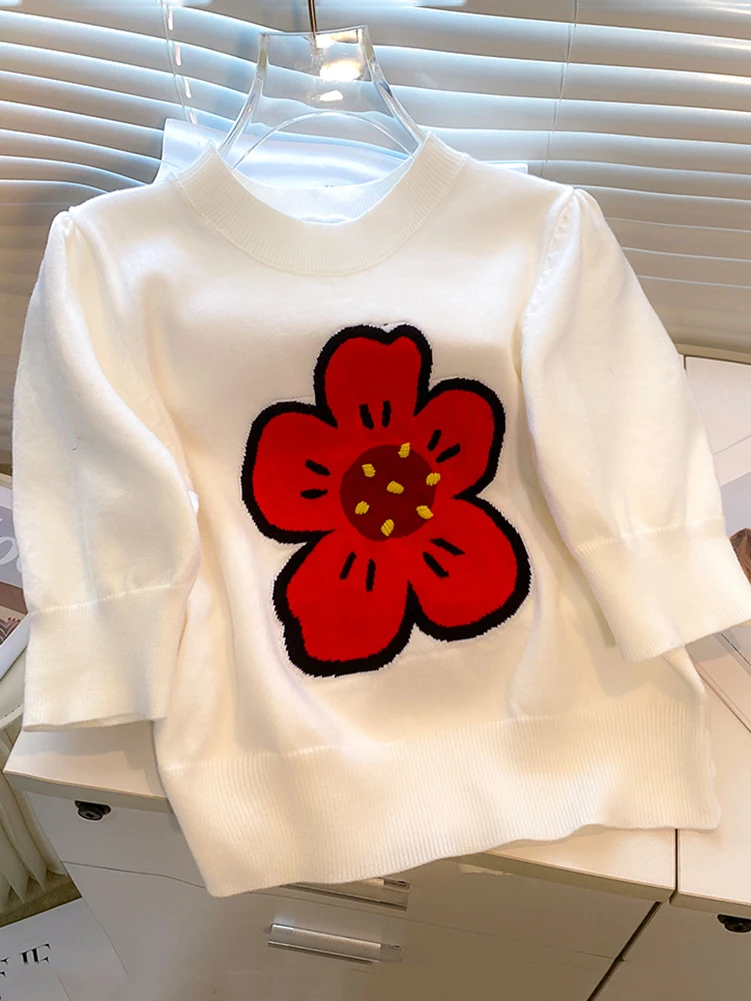 YYJO Spring Summer Short-Sleeved Knitted Round Neck 2024 Cute flower Thin Sweater Sweet Women's Pullover