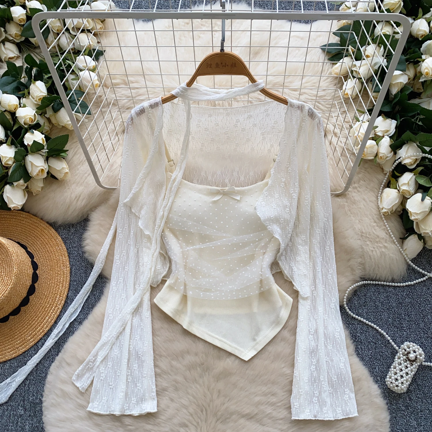 

KUSAHIKI Women's Top 2025 New Irregular Mesh Splicing Camisole Vest + Long Sleeved Cardigan Top Jacket