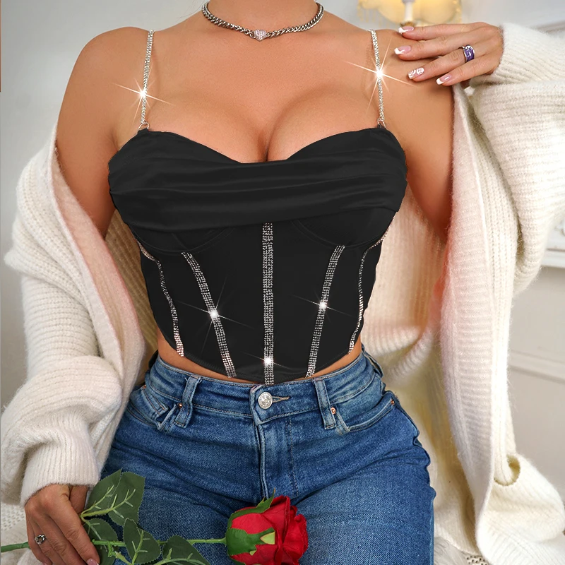 

New Small Style Pleated Sexy Low Neck Rhinestone Wrapped Waist Shows Slim Strap Corset Spicy Girls Short Top Tank Top Women