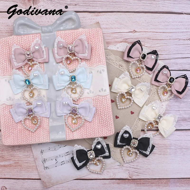 Handmade Japanese Mine Mass-Produced Headdress Lolita Girl Female Cute Bow Lace Pearl Heart Pendant Barrettes Side Clips