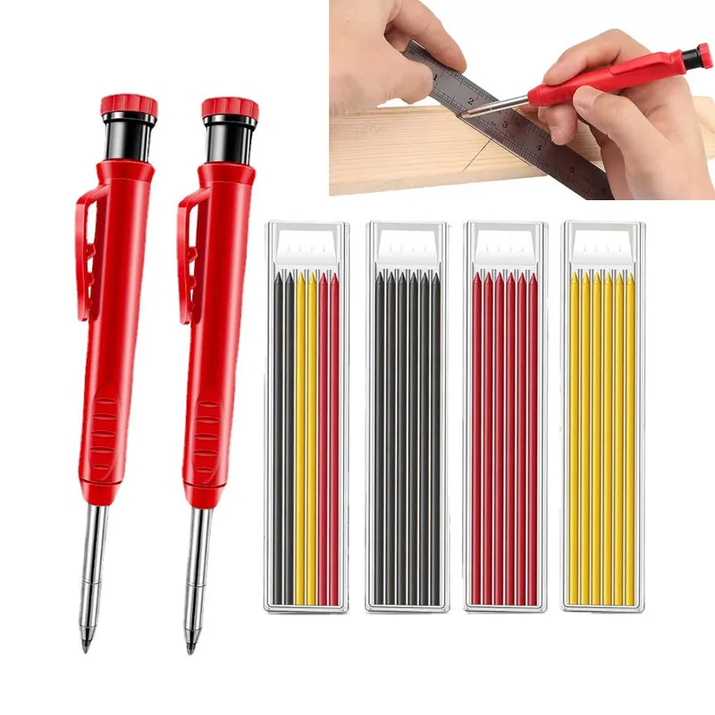 Solid Carpenter Pencil Set For Deep Hole Marker With Refill Leads Marking Wood Tool Woodworking Deep Hole Mechanical Pencils
