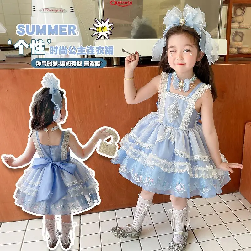 Baby Girl Summer Blue Sweet Lolita Lace Princess Ball Gown Cake Layed Lace Sundress Birthday Holiday Party Eid Child Clothing